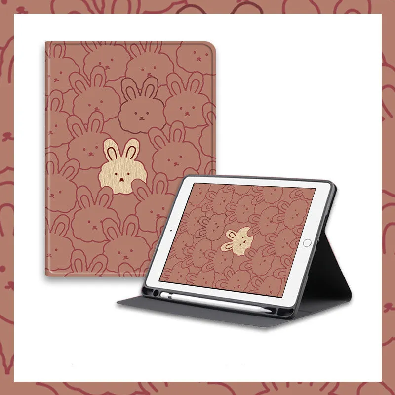 Cartoon cute rabbit silicone computer case for iPad in book full screen design with pen slot