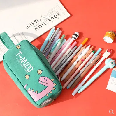 Cartoon dinosaur stationery bag in cotton cloth, inverted trapezoid shape, 18.5x9 cm, blue colour