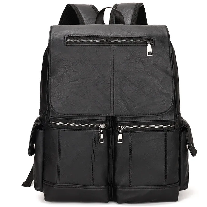 Men's vintage canvas laptop backpack in black with PU leather finish, 14-inch size, sewing thread detailing