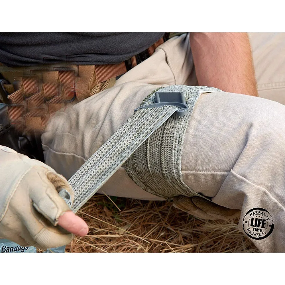Portable hemostatic bandage kit with roll of tactical gauze tape for first aid and outdoor use.