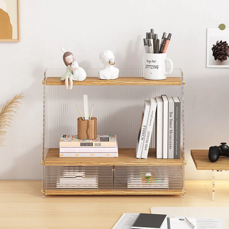Office acrylic desk storage cabinet in wood colour finish with transparent acrylic sections on desktop