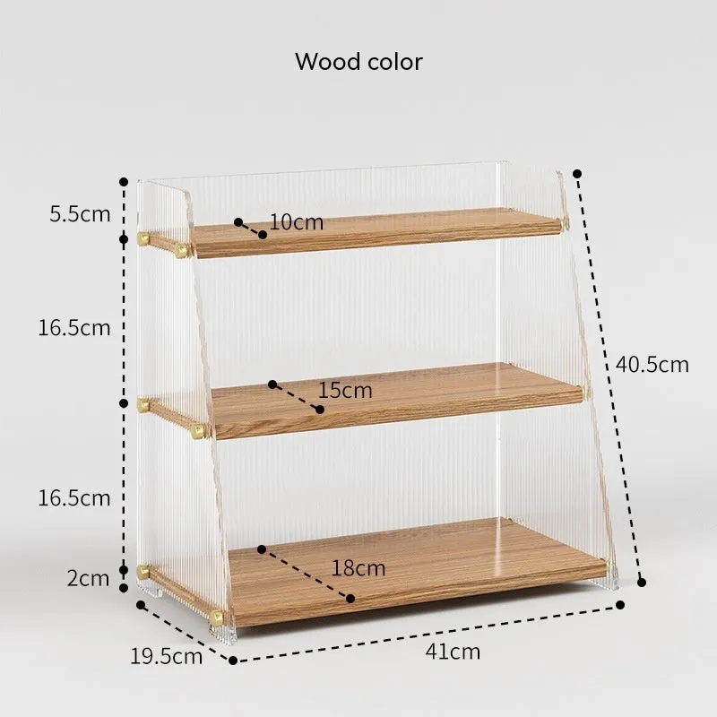 Office acrylic desk storage cabinet in wood colour finish with transparent acrylic sections on desktop