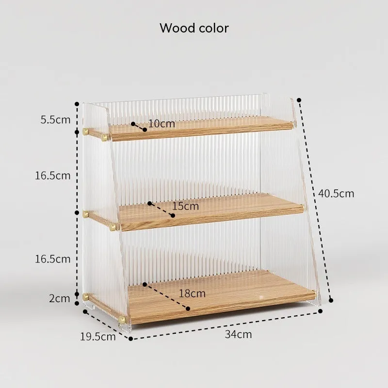 Office acrylic desk storage cabinet in wood colour finish with transparent acrylic sections on desktop