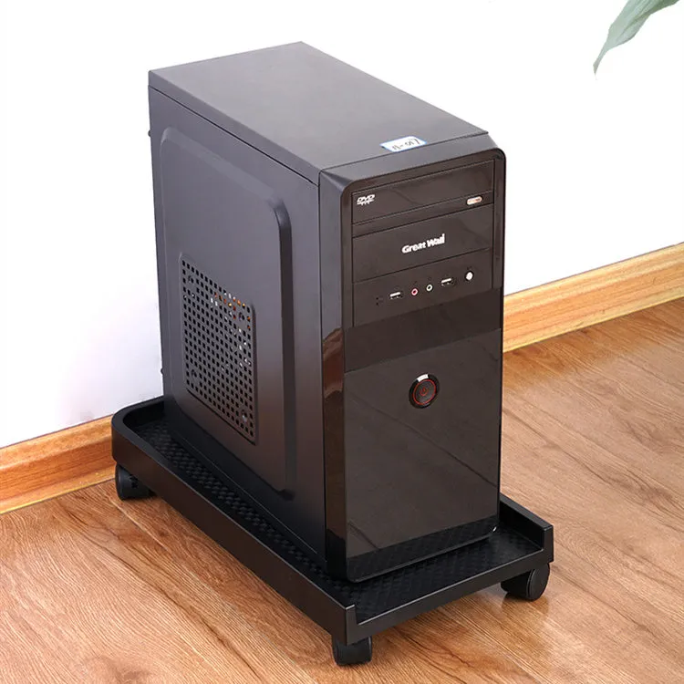 Orico black steel computer CPU floor stand with wheels, anti-skid surface, and vertical bracket for PC towers