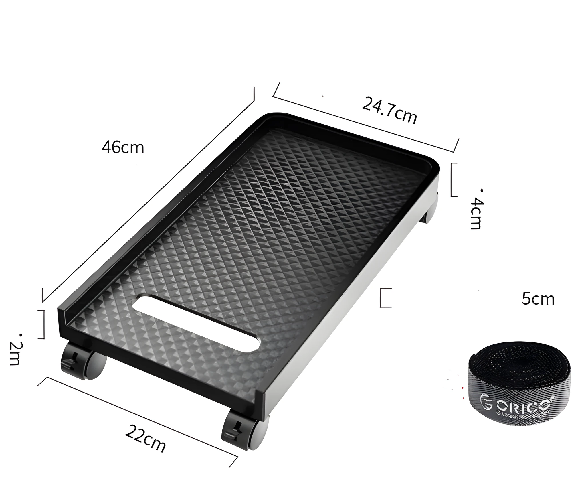 Orico black steel computer CPU floor stand with wheels, anti-skid surface, and vertical bracket for PC towers