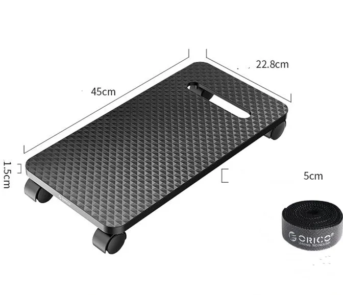 Orico black steel computer CPU floor stand with wheels, anti-skid surface, and vertical bracket for PC towers