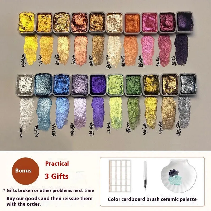 Traditional Chinese painting watercolour set with 20 pearlescent colours including red and white gold tubes