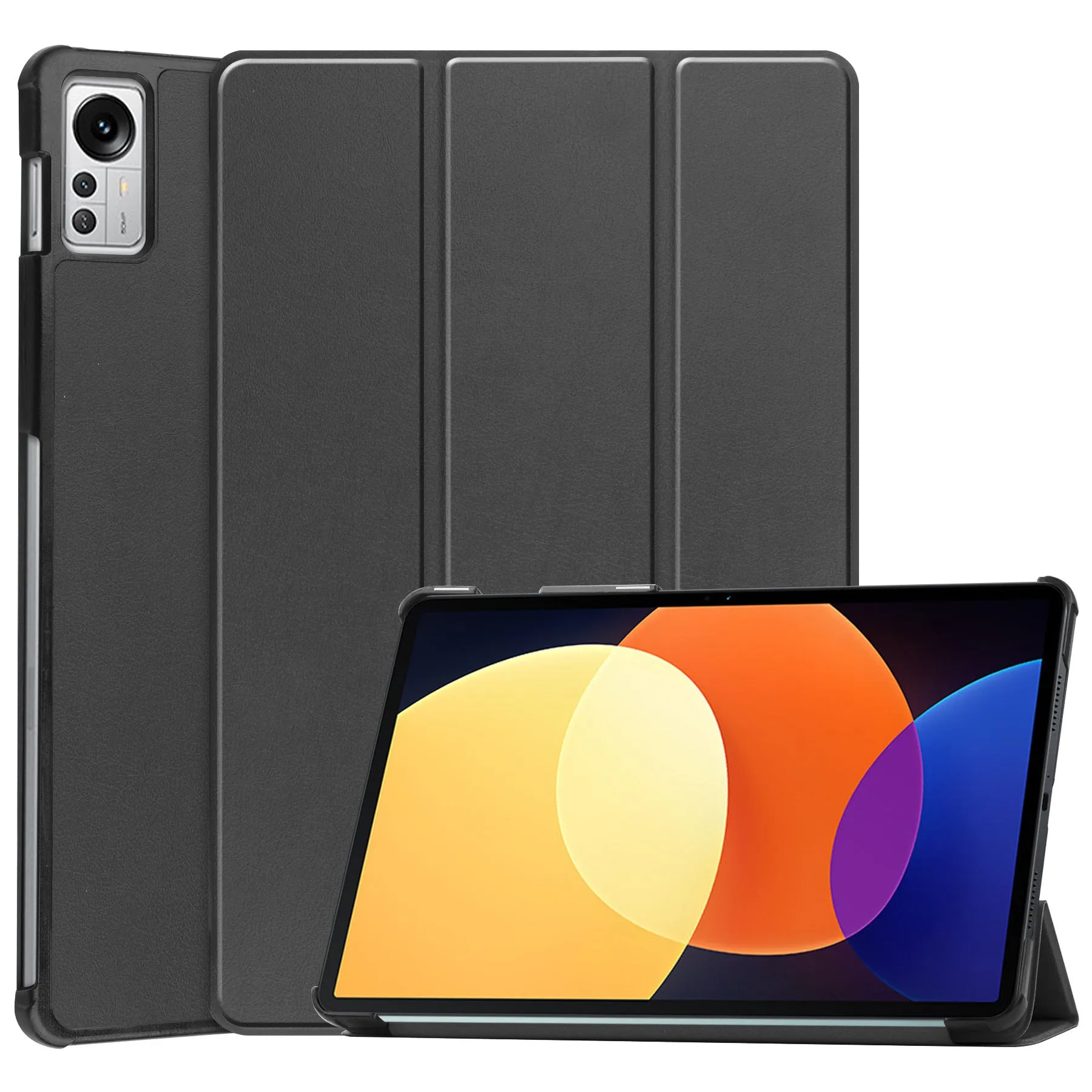 Ultra-thin black tri-fold protective case for Xiaomi Pad 5 Pro 12.4 with auto wake function