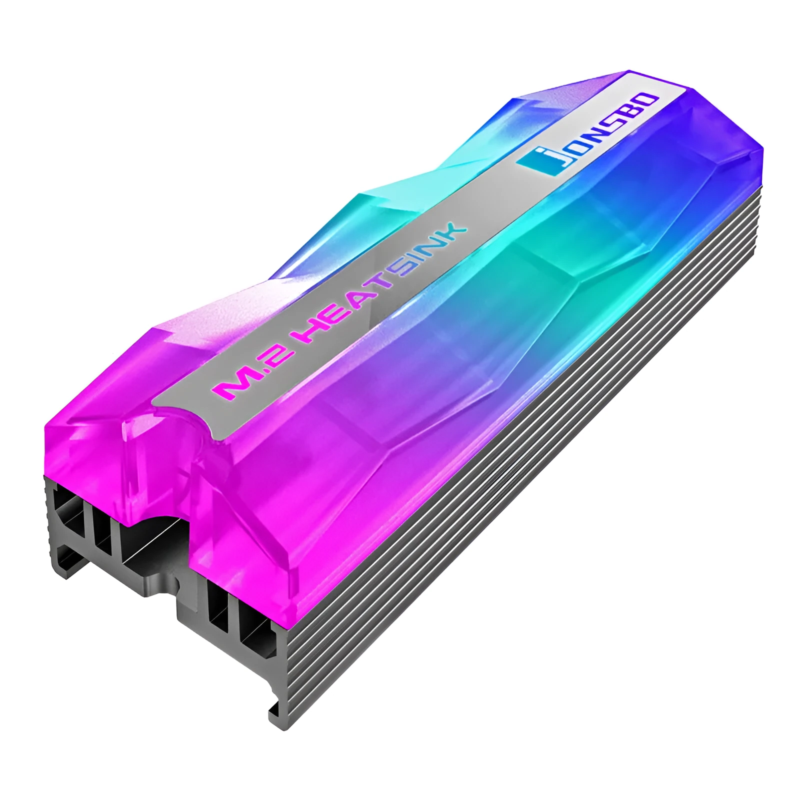 M.2 hard drive cooler with colour changing LED fan, heat pipe, and ABS housing on a black background