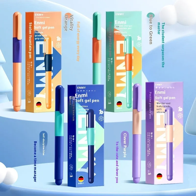 Student posture correction pen in plastic shell showing four colour options: blue, green, purple, orange