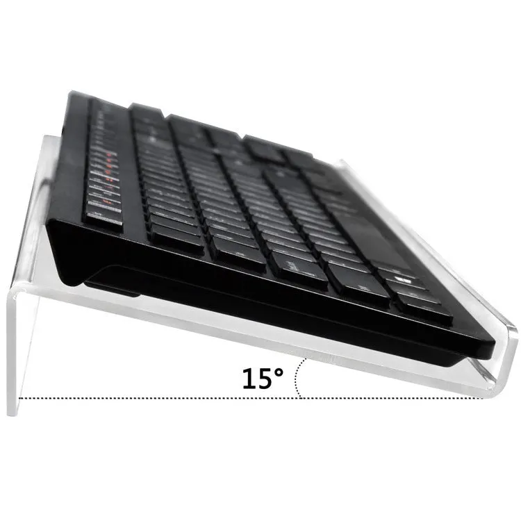 Transparent acrylic tilting keyboard stand for ergonomic typing, 43.2x14x4 cm size on a desk
