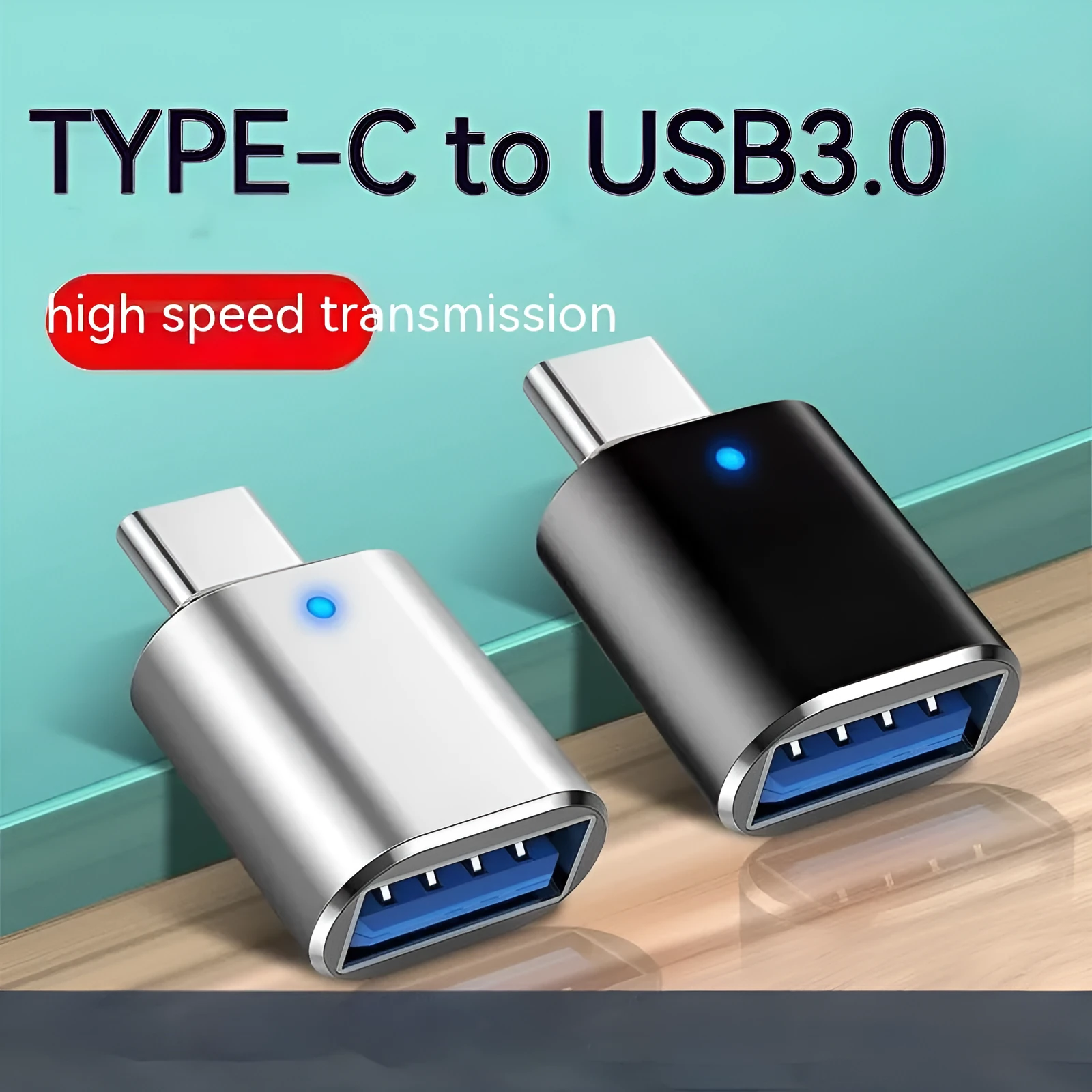 USB 3.0 to Type-C OTG adapter with indicator light in black, silver, and gold