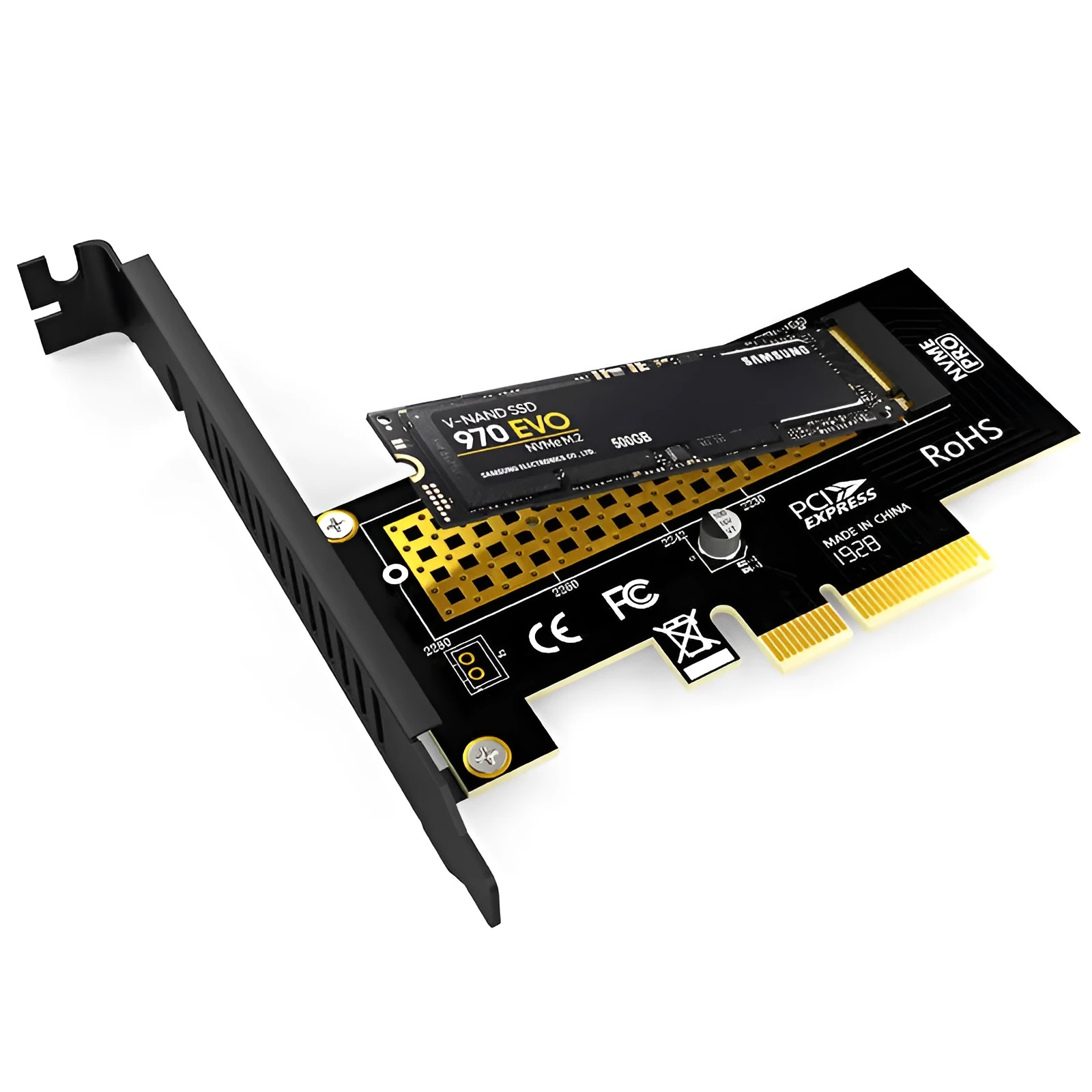 Jiayi SK4 M.2 NVMe adapter card with immersion gold PCBA and LED indicator placed in PCIe slot
