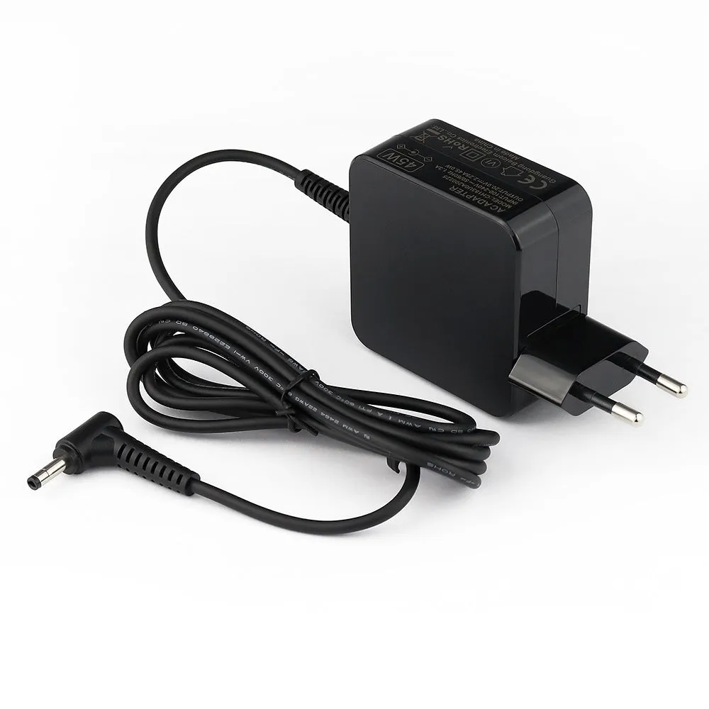 Black 45W laptop power adapter with US plug and attached DC charging cable.