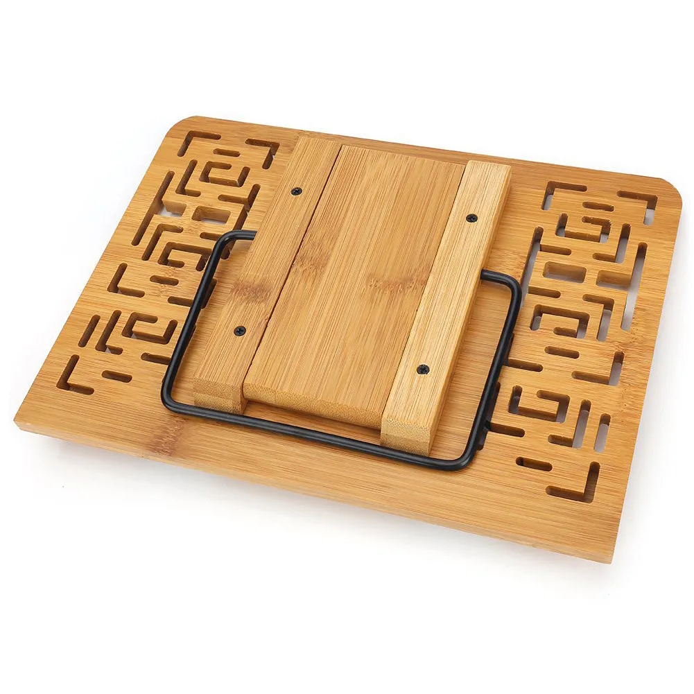 Solid wood bamboo hollow reading frame in Glossy finish, size M 34x24 cm, on a desk holding an open book