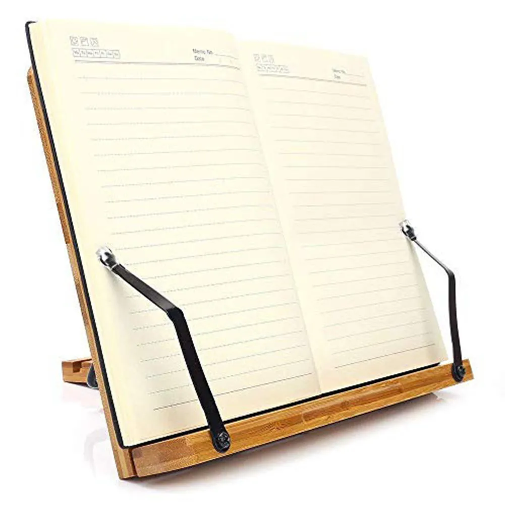 Solid wood bamboo hollow reading frame in Glossy finish, size M 34x24 cm, on a desk holding an open book