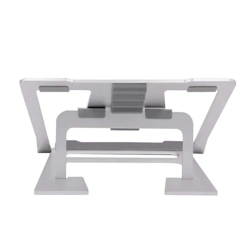 Silver aluminium foldable laptop stand with double silicone snaps, measuring 240x230x18mm, on a desk