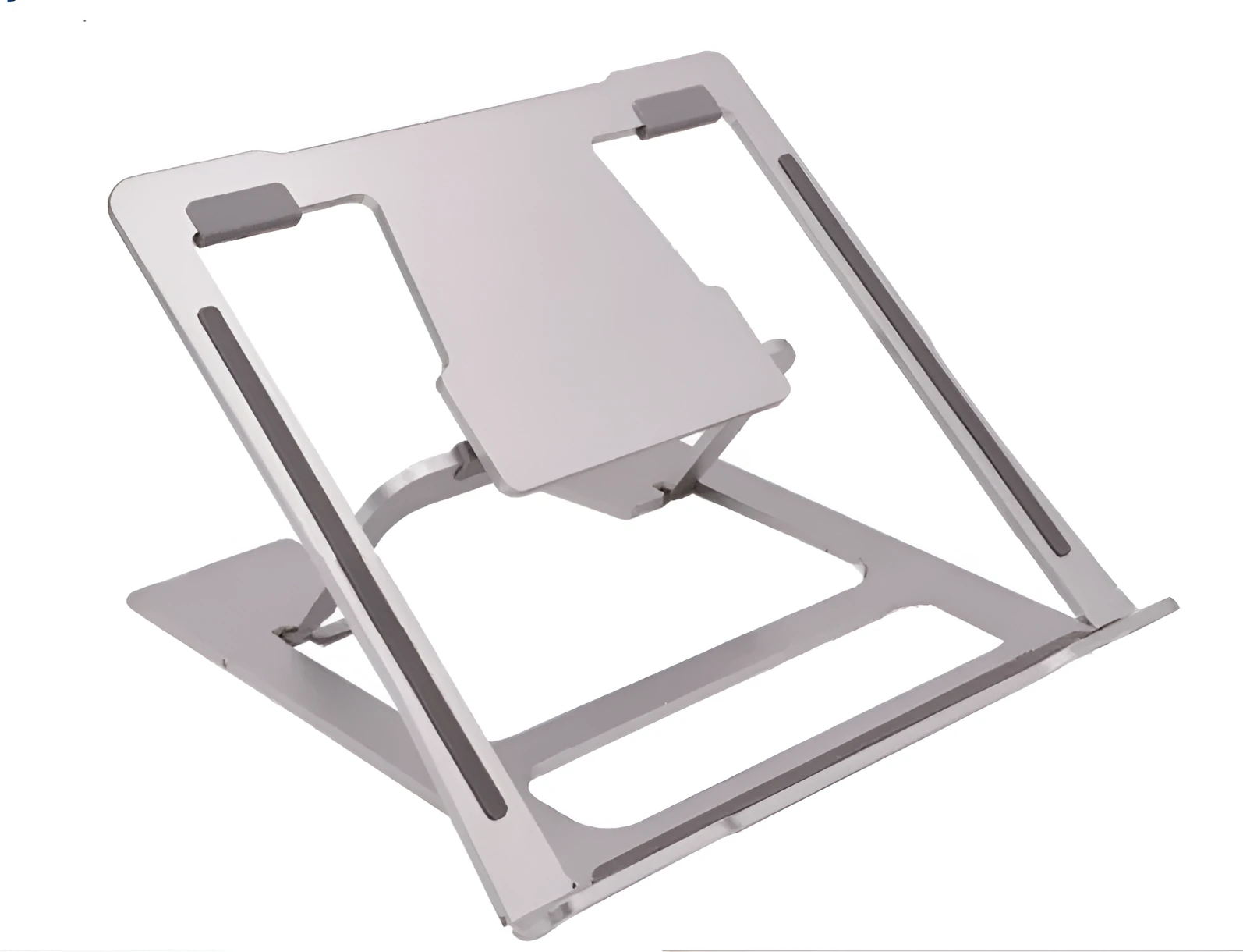 Silver aluminium foldable laptop stand with double silicone snaps, measuring 240x230x18mm, on a desk