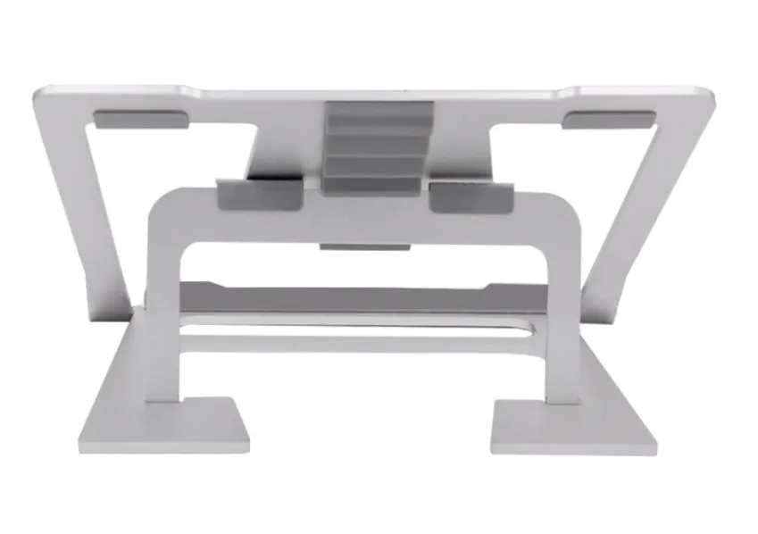 Silver aluminium foldable laptop stand with double silicone snaps, measuring 240x230x18mm, on a desk