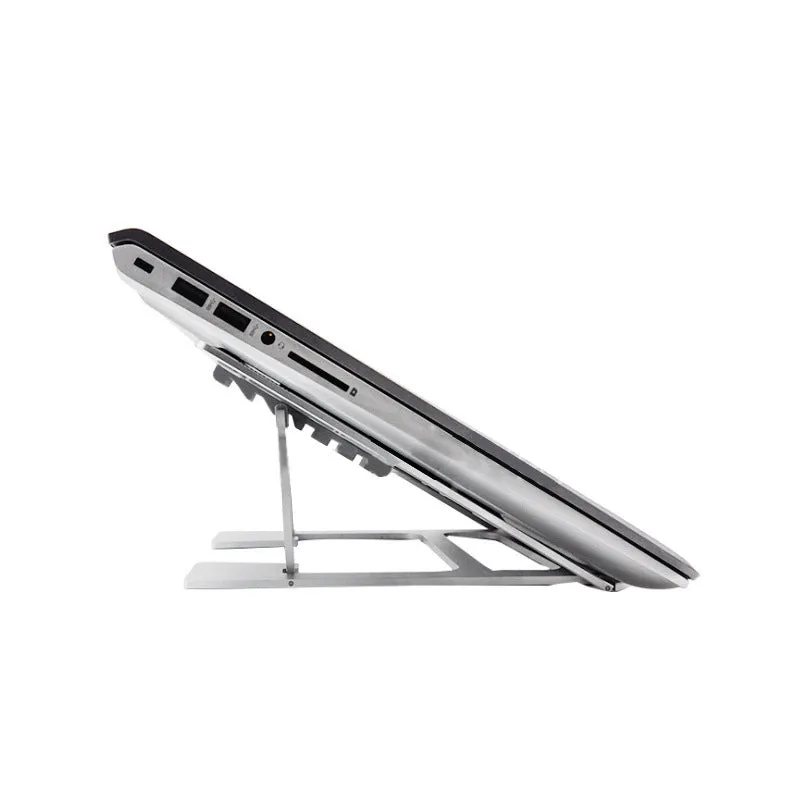 Silver aluminium foldable laptop stand with double silicone snaps, measuring 240x230x18mm, on a desk