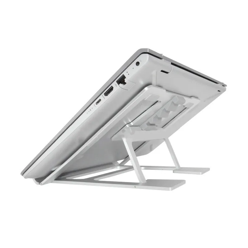 Silver aluminium foldable laptop stand with double silicone snaps, measuring 240x230x18mm, on a desk