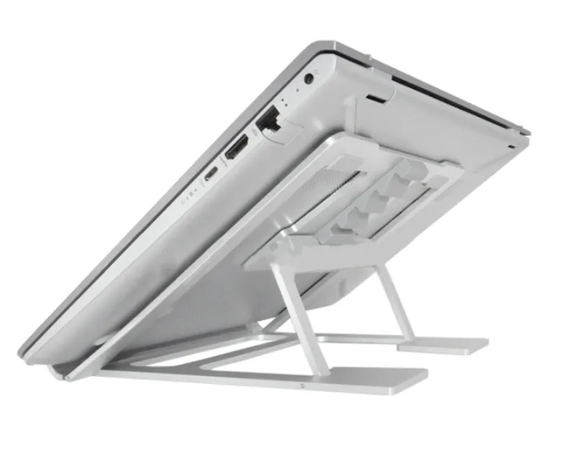 Silver aluminium foldable laptop stand with double silicone snaps, measuring 240x230x18mm, on a desk