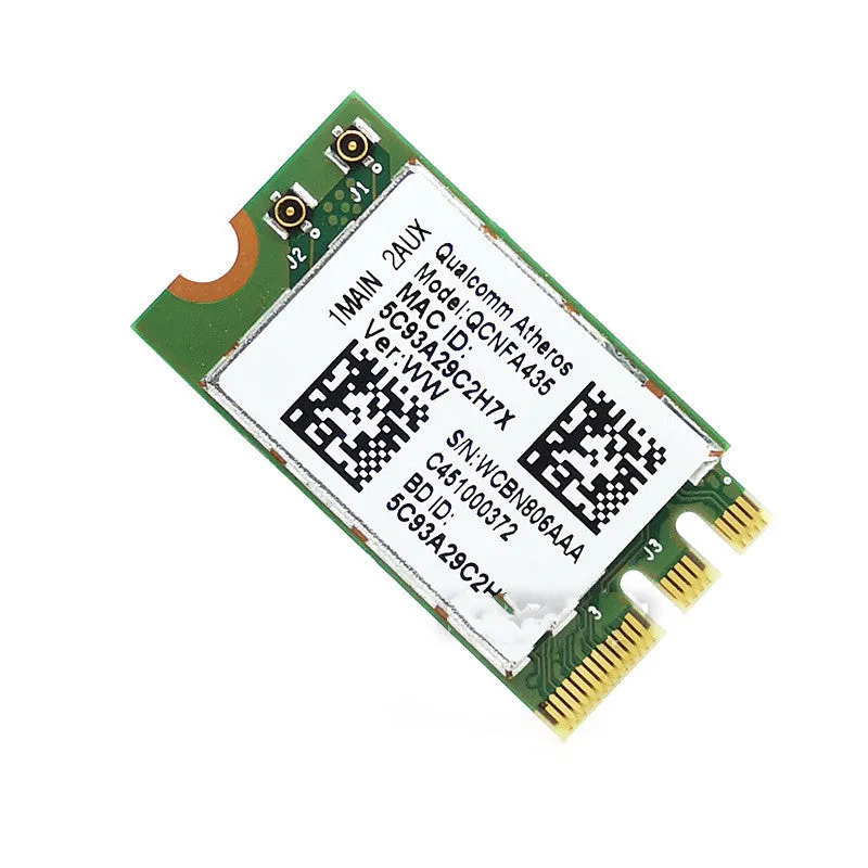 QCNFA435 NGFF M2 wireless network card in green with dual-band 802.11ac and Bluetooth 4.1