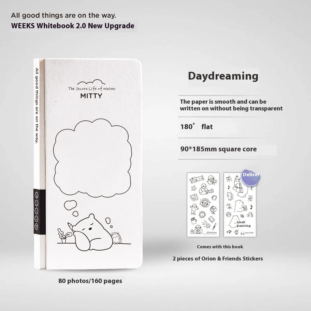 Small white paper notebook with plaid pages, mesh cover, and a pair of decorative stickers.