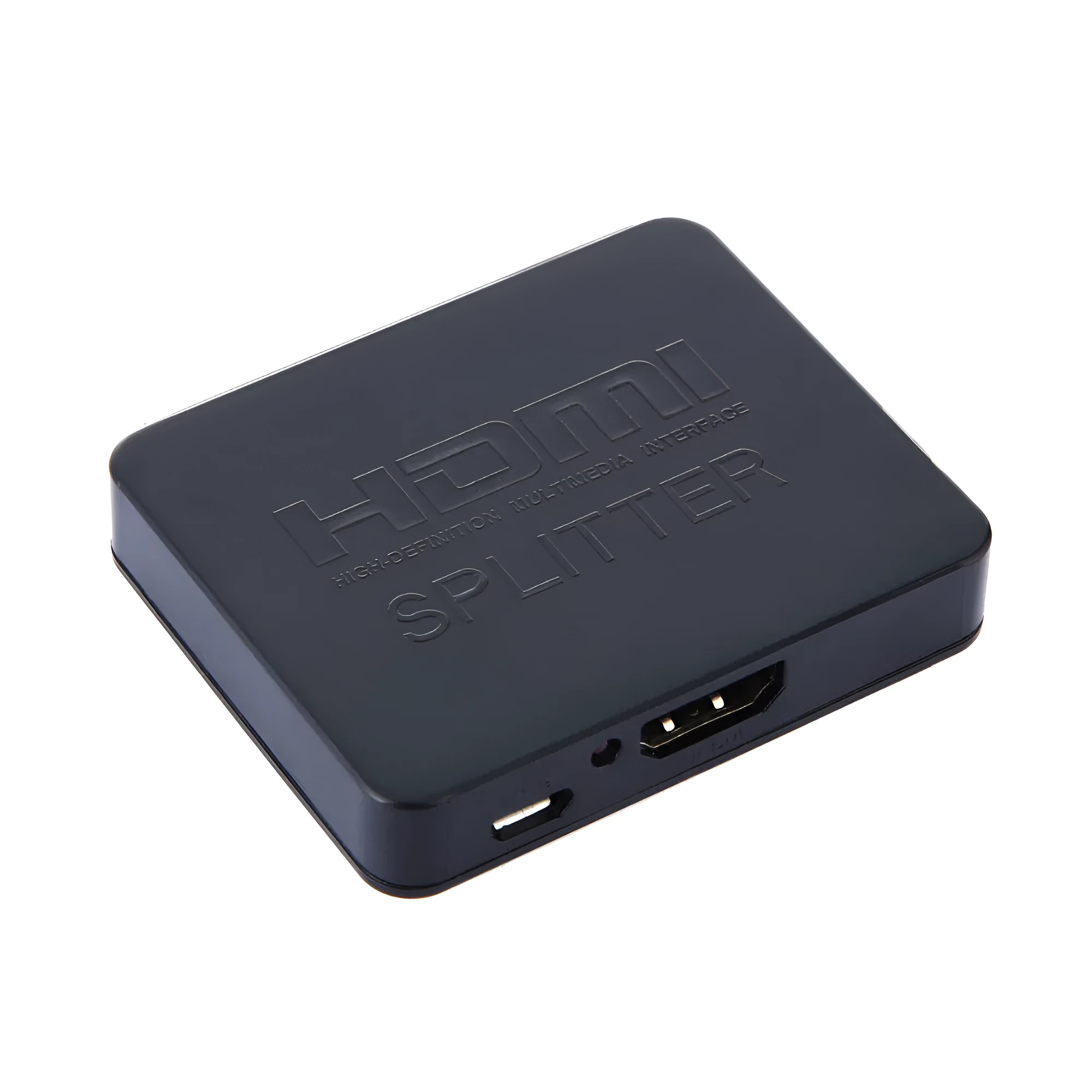 Mini HDMI splitter 1 input 2 output in black with HDMI ports and compact body for dual display sharing