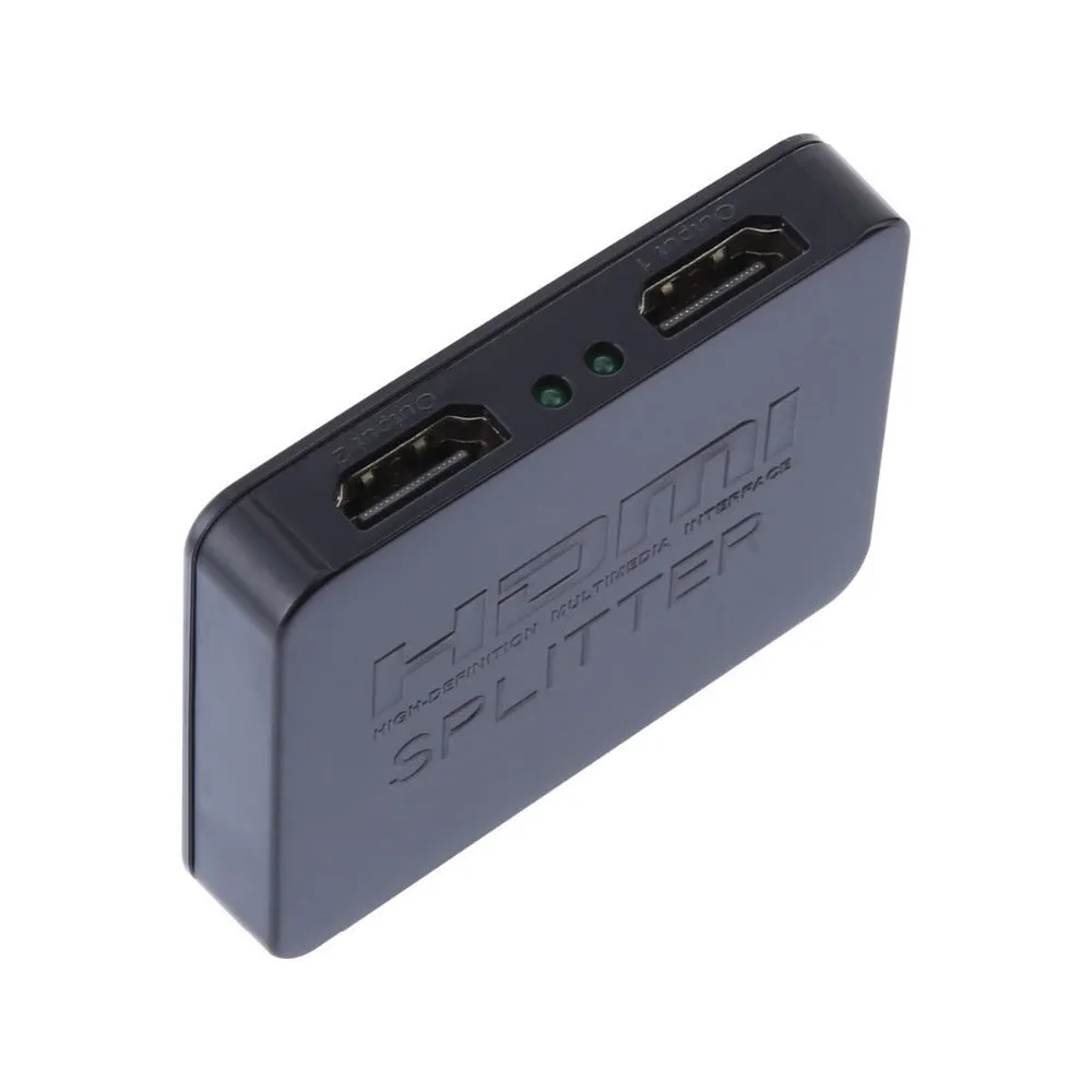 Mini HDMI splitter 1 input 2 output in black with HDMI ports and compact body for dual display sharing