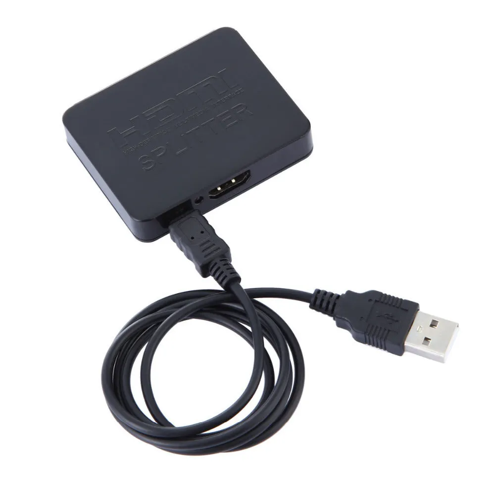 Mini HDMI splitter 1 input 2 output in black with HDMI ports and compact body for dual display sharing