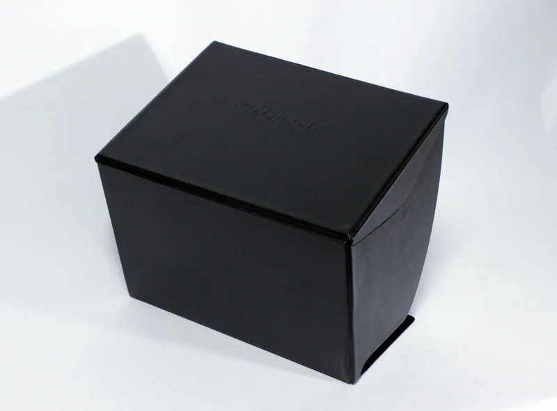 Black laptop sun hood folded flat showing PU outer and light-absorbing velvet inner lining