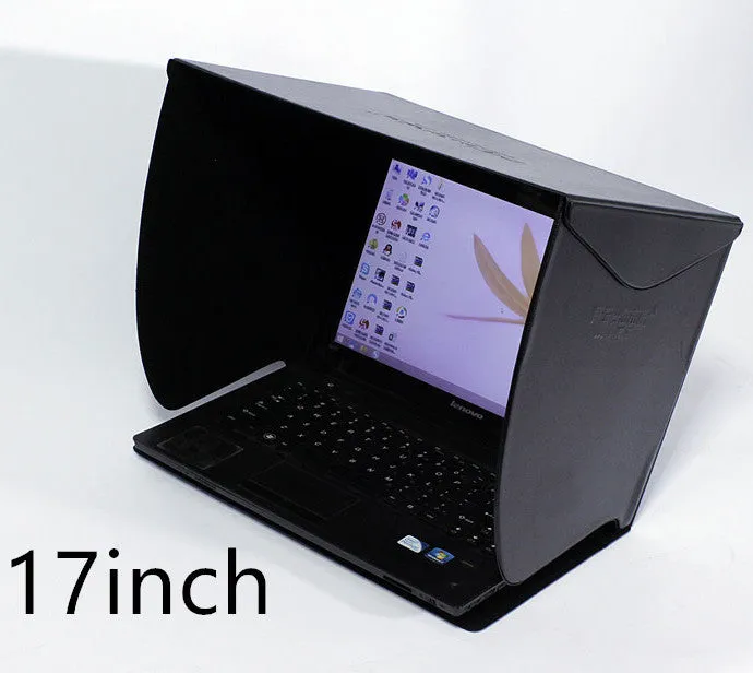 Black laptop sun hood folded flat showing PU outer and light-absorbing velvet inner lining