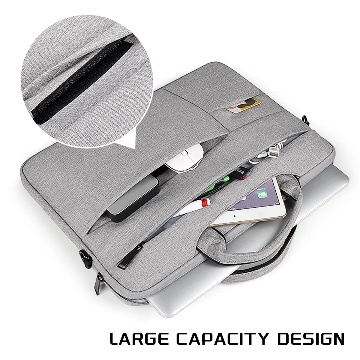 Water-repellent laptop carrying case in Black, with luggage strap and shoulder strap, for 13.3 to 15.6 inch laptops.