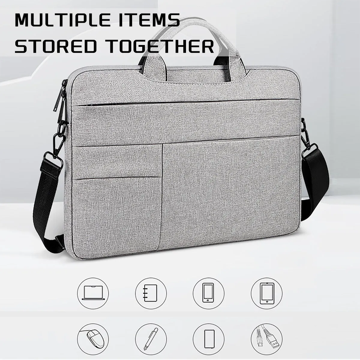 Water-repellent laptop carrying case in Black, with luggage strap and shoulder strap, for 13.3 to 15.6 inch laptops.