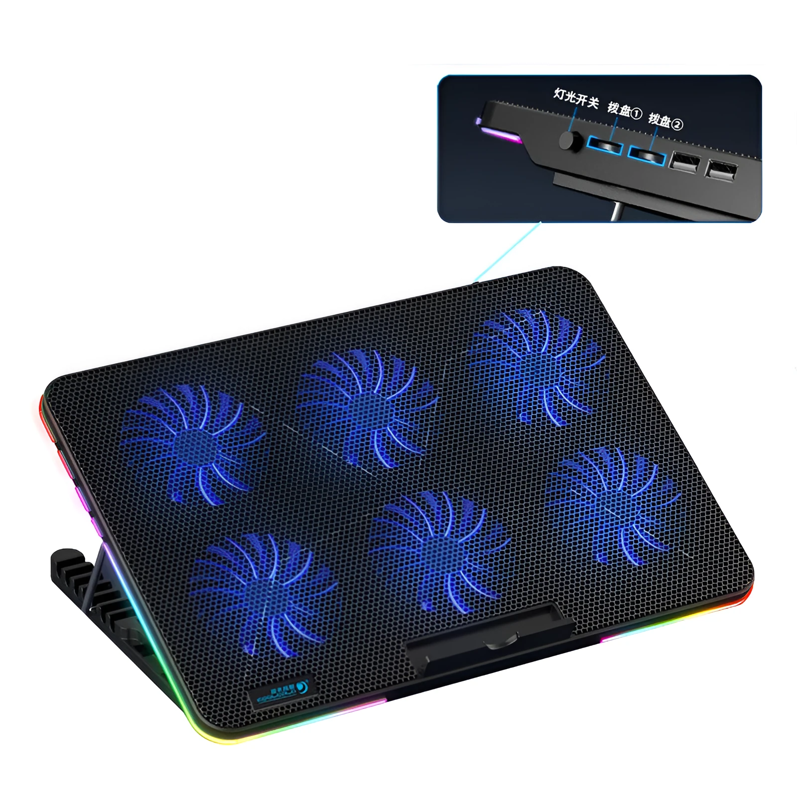 F5 plastic notebook cooler with 6 fans, 360x255x27mm, for notebooks and ultrabooks, black