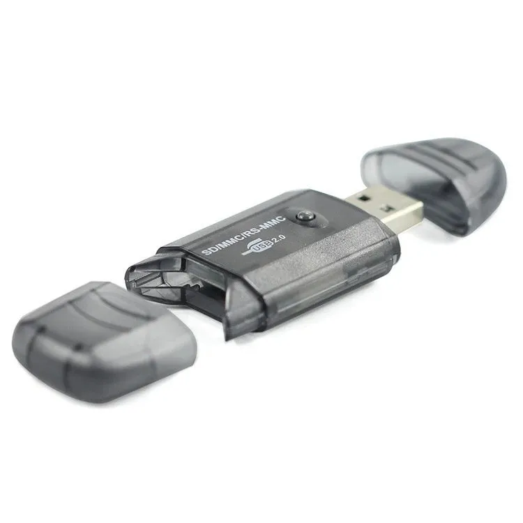 Transparent plastic USB card reader with SD and MS slots on a white background.
