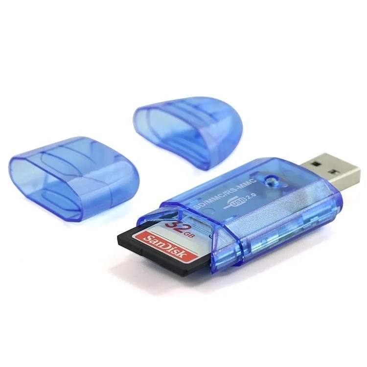 Transparent plastic USB card reader with SD and MS slots on a white background.