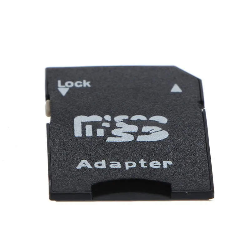 Five black Micro SD to SD memory card adapters on a flat surface, each with a lock switch and metal contacts