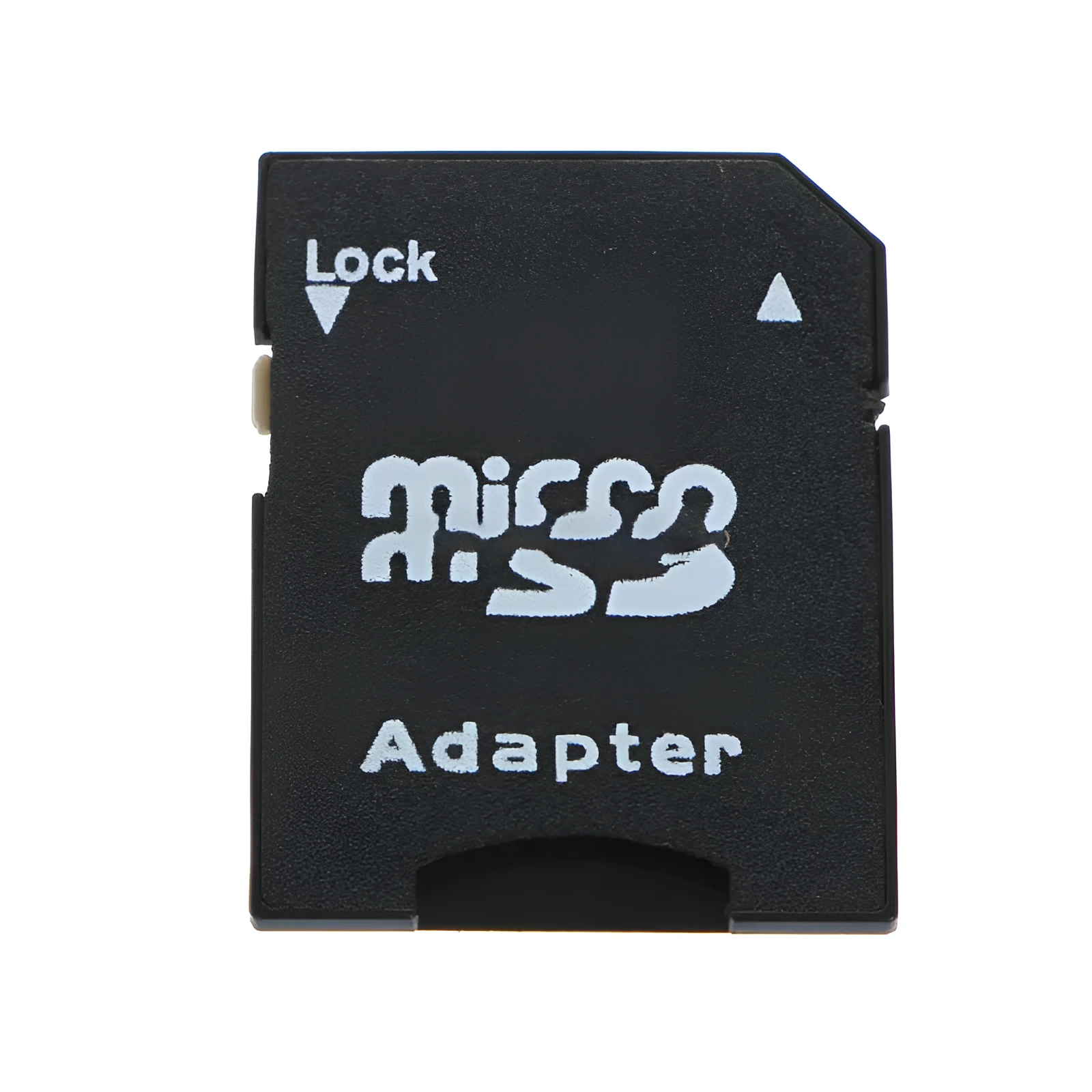 Five black Micro SD to SD memory card adapters on a flat surface, each with a lock switch and metal contacts