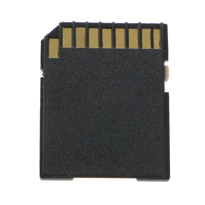 Five black Micro SD to SD memory card adapters on a flat surface, each with a lock switch and metal contacts