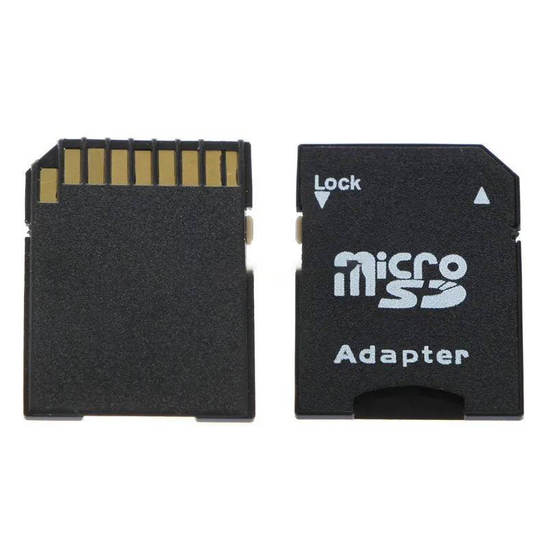 Five black Micro SD to SD memory card adapters on a flat surface, each with a lock switch and metal contacts