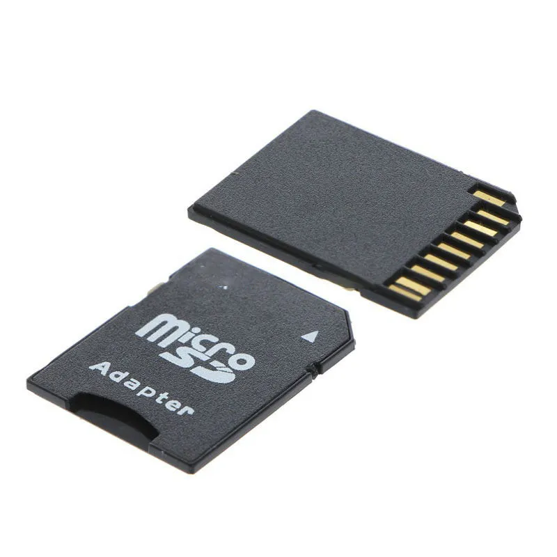 Five black Micro SD to SD memory card adapters on a flat surface, each with a lock switch and metal contacts