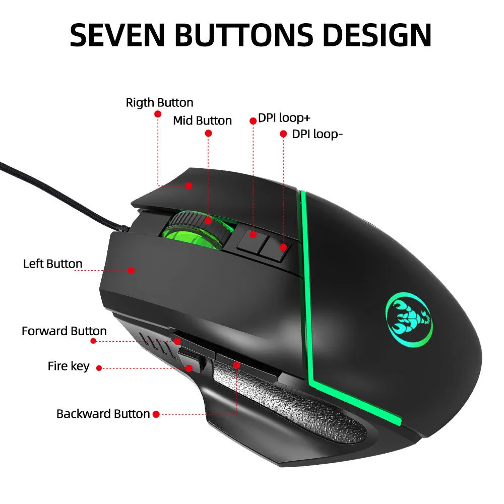 Black A876 wired gaming mouse with 8 buttons, 6400 DPI sensor, and 7-color breathing light on a desk