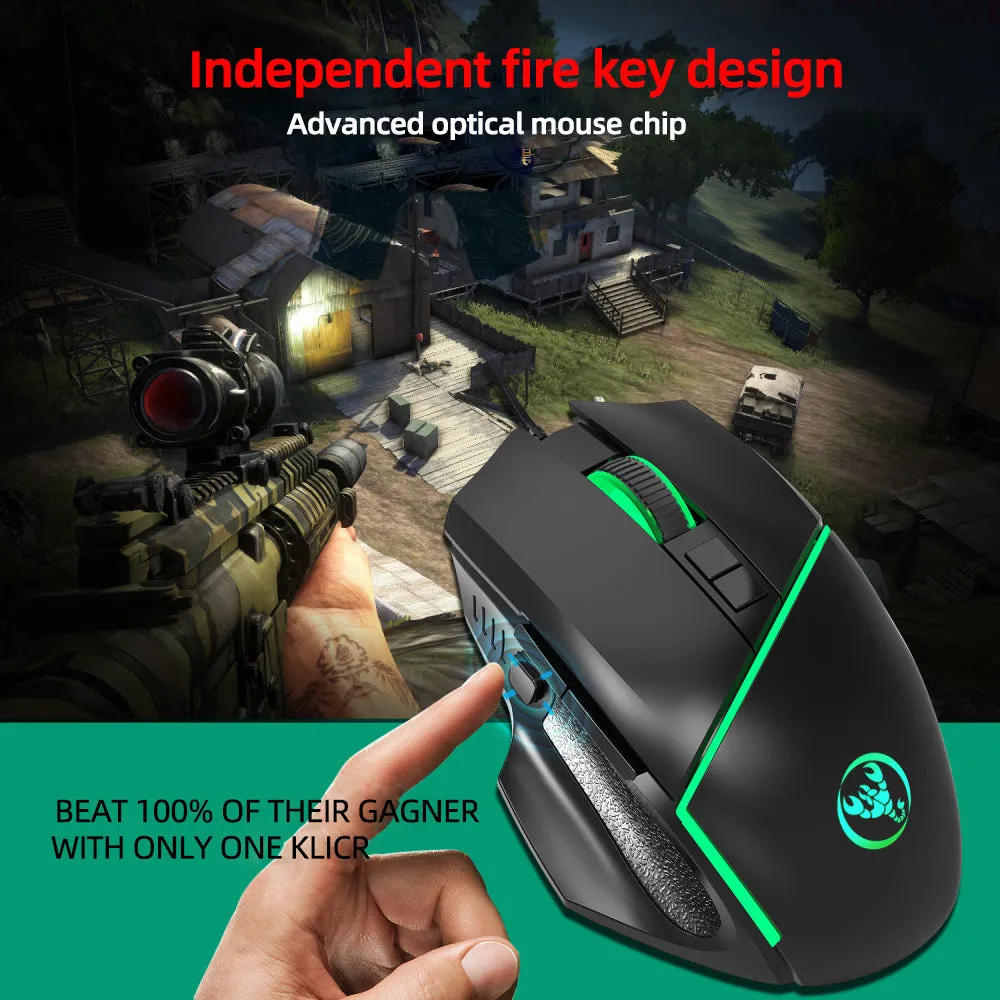 Black A876 wired gaming mouse with 8 buttons, 6400 DPI sensor, and 7-color breathing light on a desk