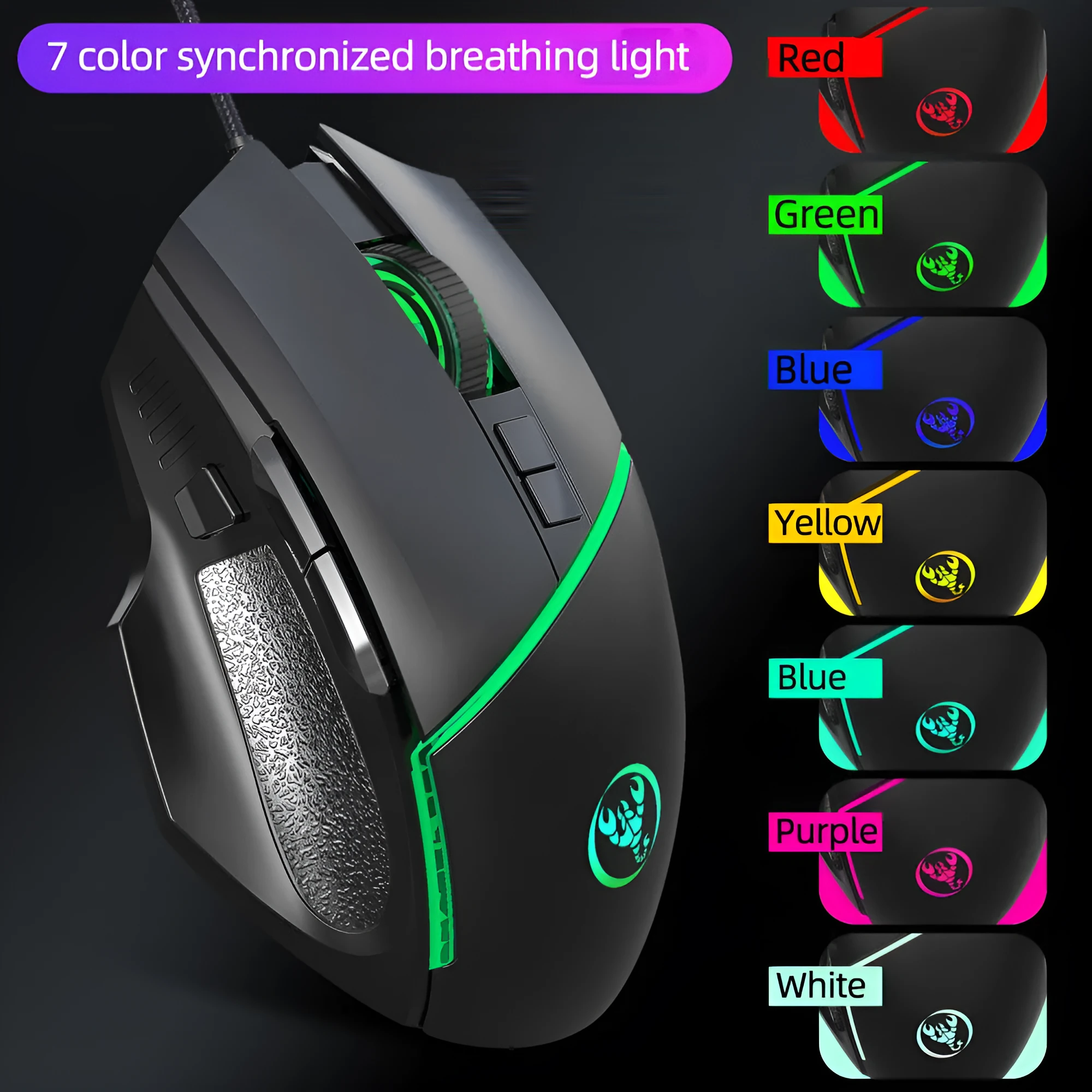 Black A876 wired gaming mouse with 8 buttons, 6400 DPI sensor, and 7-color breathing light on a desk