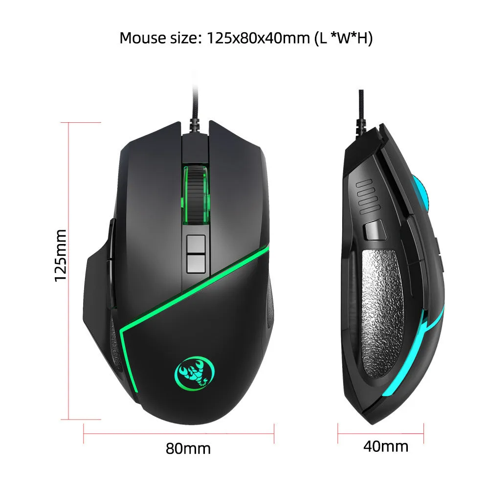 Black A876 wired gaming mouse with 8 buttons, 6400 DPI sensor, and 7-color breathing light on a desk