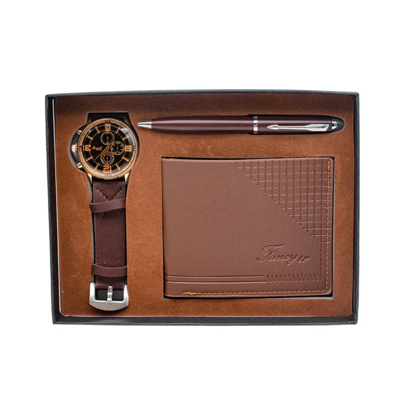 Brown and black wallet pen watch gift sets with modern simple style gift box packaging