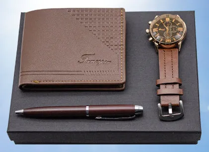 Brown and black wallet pen watch gift sets with modern simple style gift box packaging