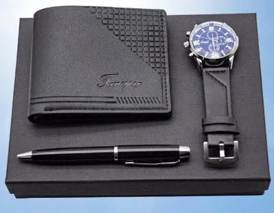 Brown and black wallet pen watch gift sets with modern simple style gift box packaging